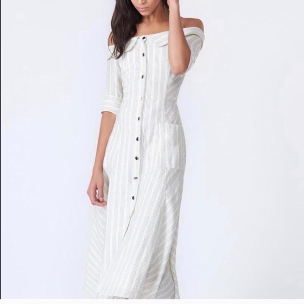 VERONICA BEARD Off Shoulder Stripe Sheath Dress